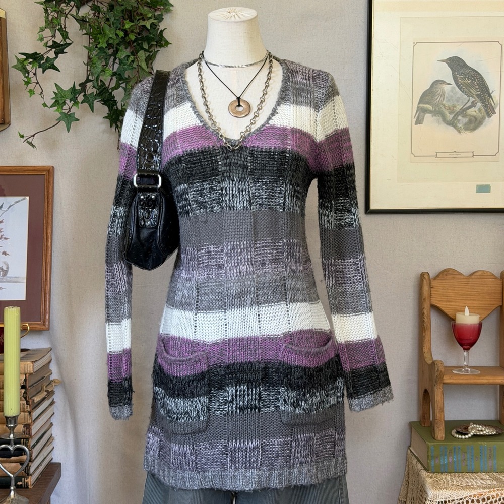 Grey Striped V-Neck Pocket Tunic Mini Dress Sweater Grunge Y2K Ribbed Fitted